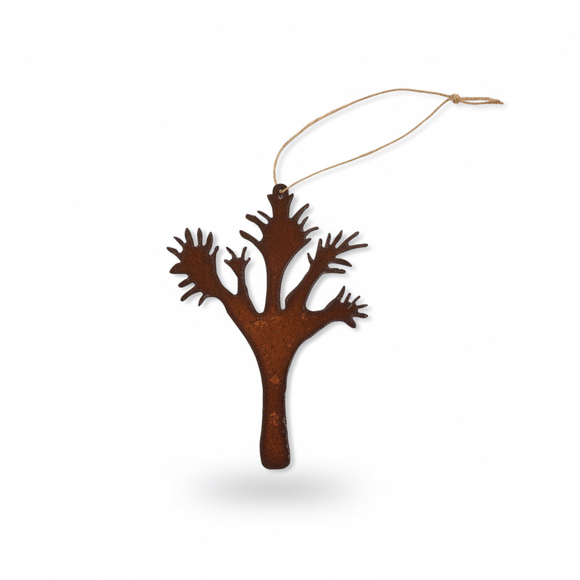 A holiday ornament shaped like a joshua tree, with a brown color scheme, placed on a white background.