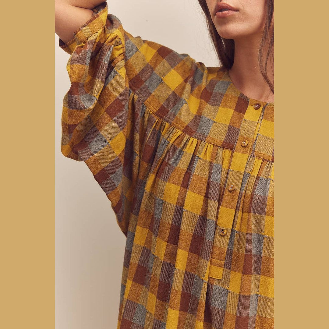 Wide shirring sleeve knee dress