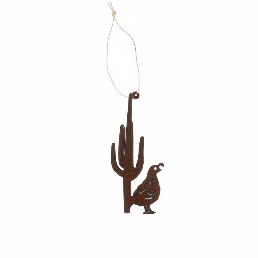 A silhouette of a quail and a cactus against a white background.