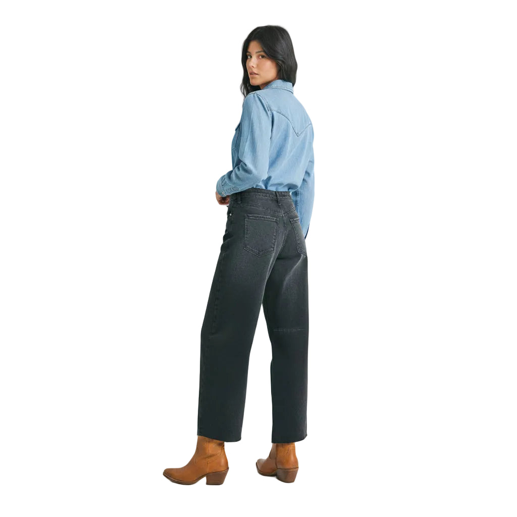 Black Raw Hem Barrel Jean w/ Seams