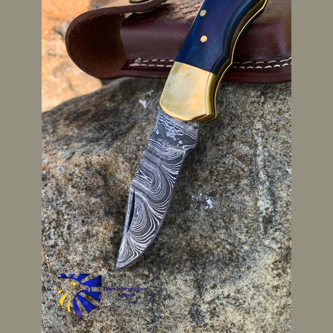 Blue Diamond Wood folding knife with Leather Sheath