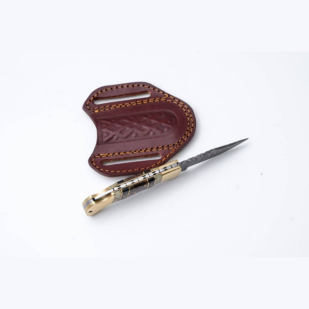 Brass & Bone Damascus Folding Knife with Leather Sheath