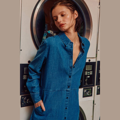 Button down Long Sleeves Denim Shirts Dress