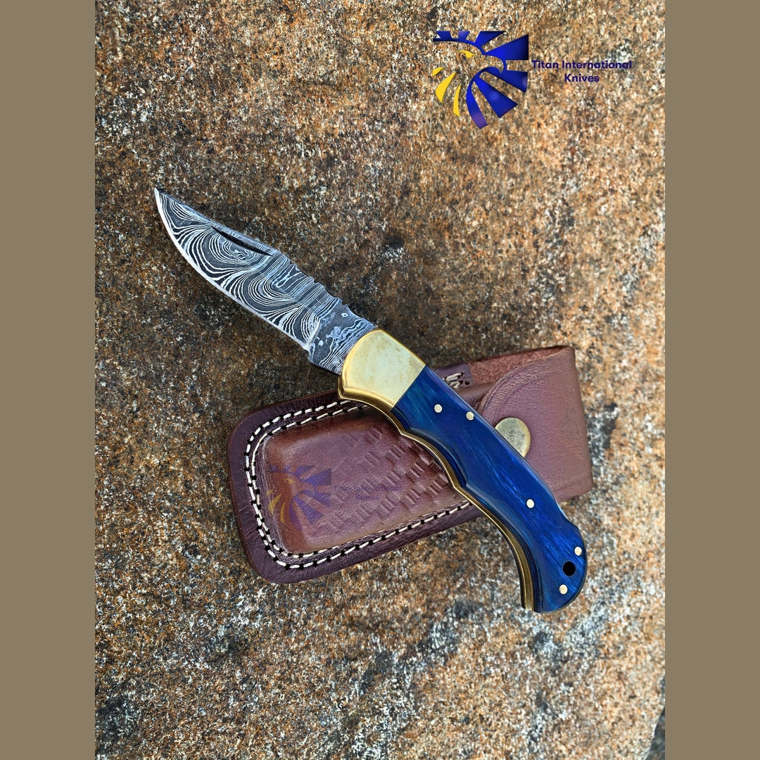 Blue Diamond Wood folding knife with Leather Sheath