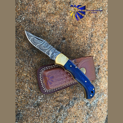 Blue Diamond Wood folding knife with Leather Sheath