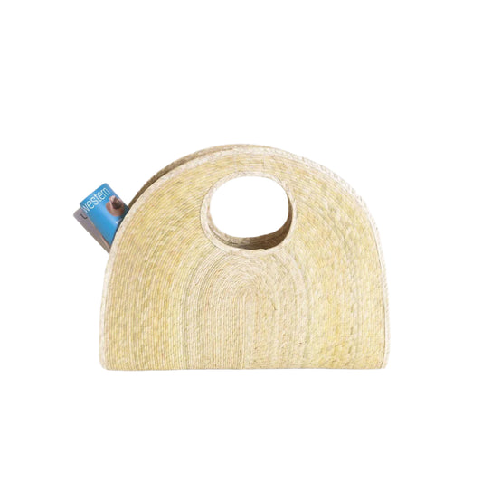 Beige straw handbag with a blue tag on a white background