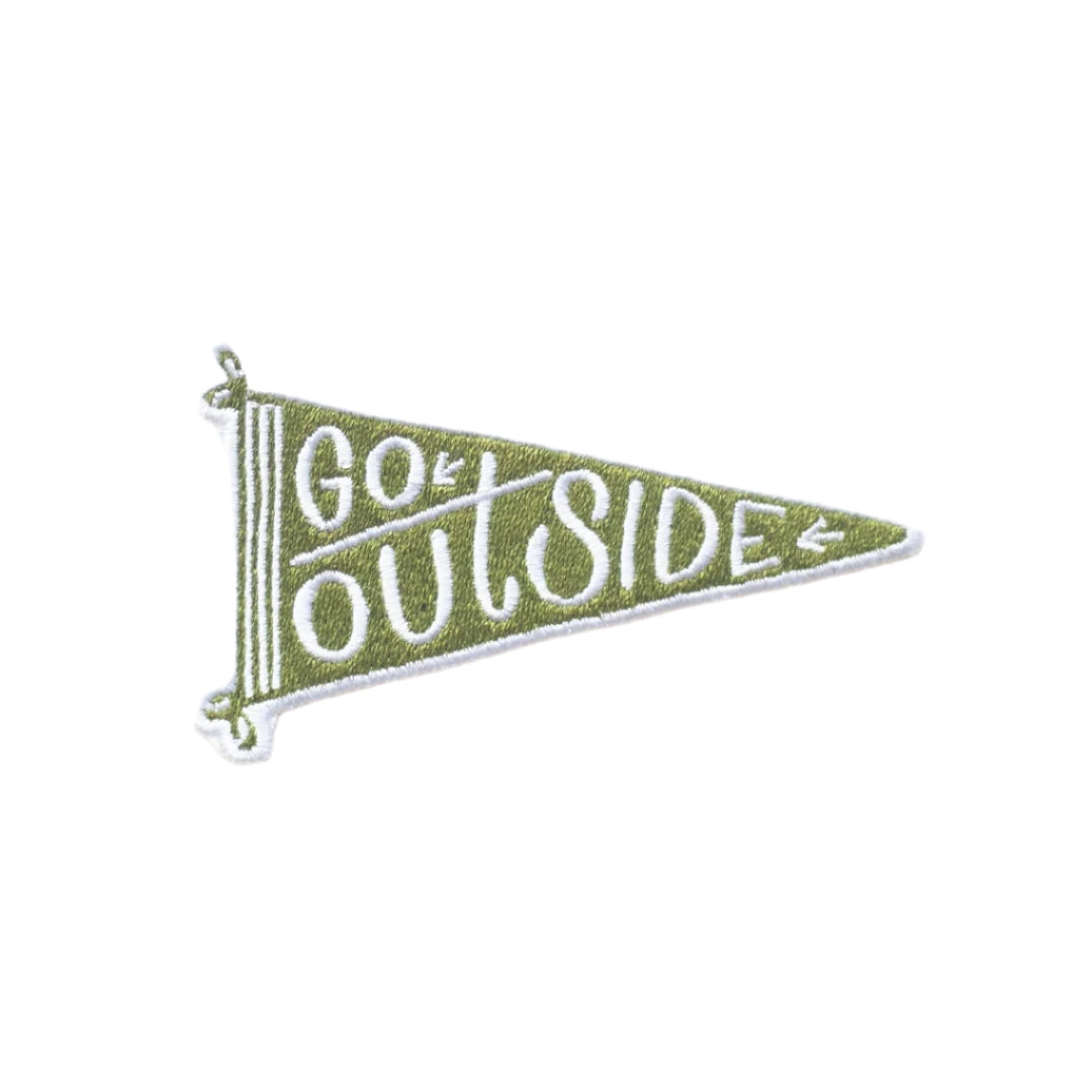 Green and white pennant patch with 'Go Outside' text on a white background