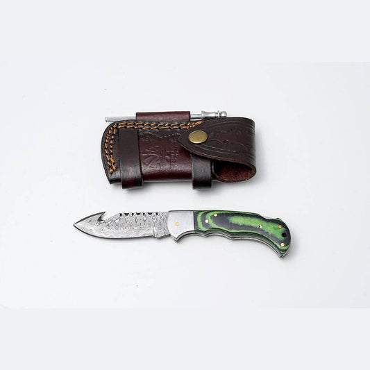 Green Micarta Damascus Gut Hook Hunting Knife