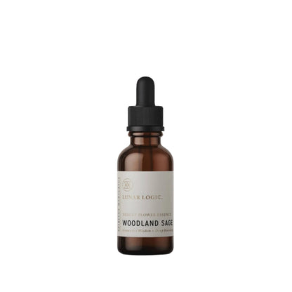 Bottle of Woodland Sage essential oil with a dropper on a white background