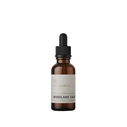 Bottle of Woodland Sage essential oil with a dropper on a white background