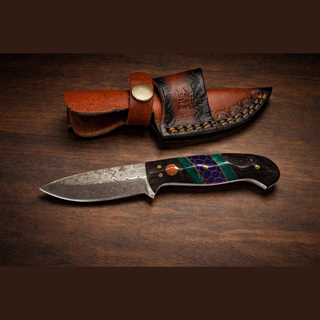 Hand-Forged Damascus Steel Drop Point Outdoor Utility Tool | Dark Wood, Green Resin & Purple Honeycomb Handle TK-509