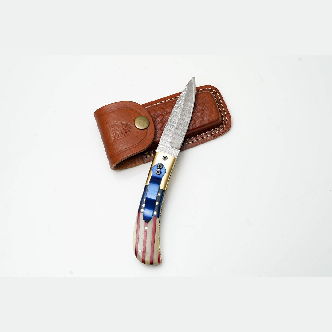Patriotic American Flag Folding Knife | Hand-Forged Damascus Steel | Custom Blue Pocket Clip Edition TK-475