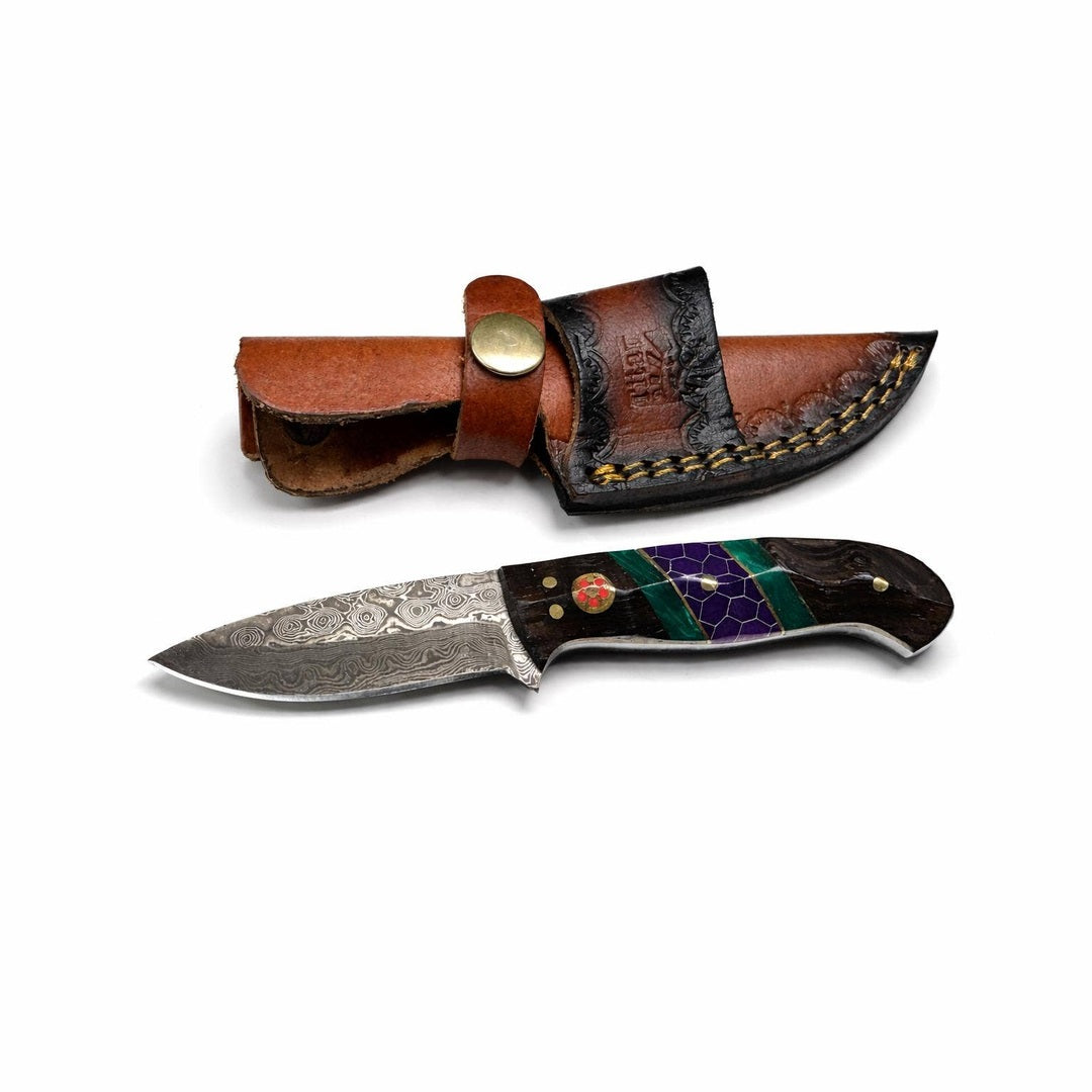 Hand-Forged Damascus Steel Drop Point Outdoor Utility Tool | Dark Wood, Green Resin & Purple Honeycomb Handle TK-509