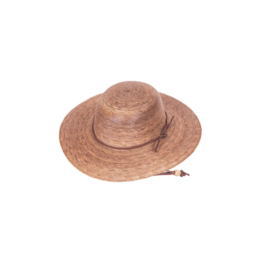 Brown straw hat with a wide brim on a white gray background
