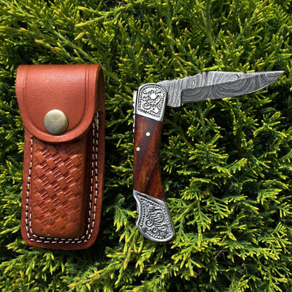 POCKET KNIFE WALNUT WOOD 6.5'' DAMASCUS STEEL KNIFE STEEL BO