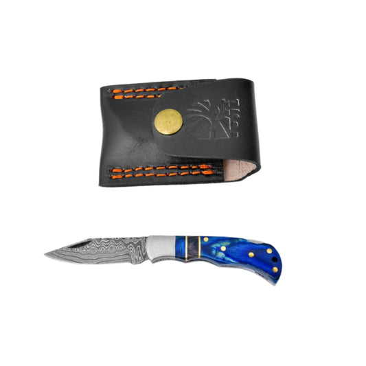 Knife with blue handle and black sheath on a white background