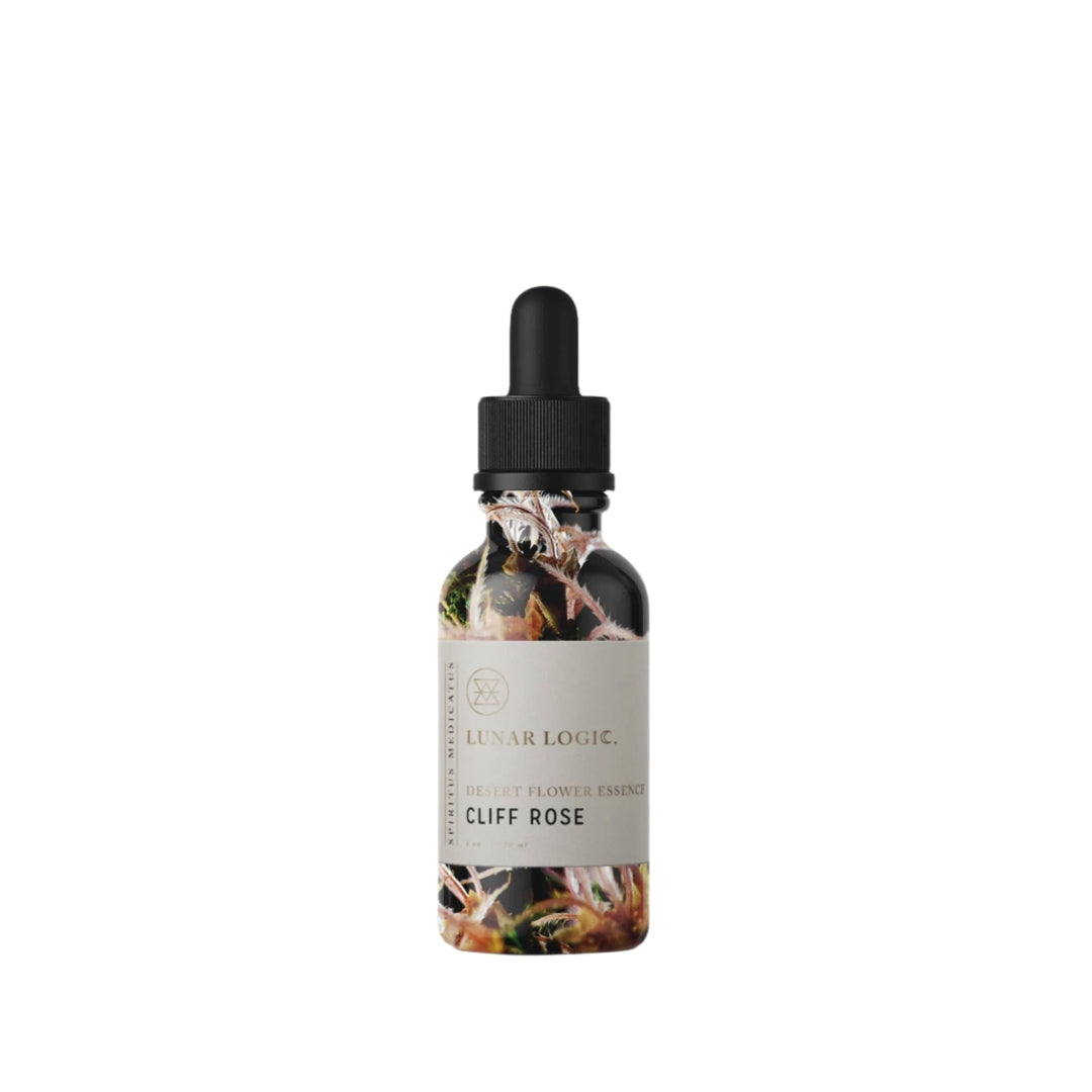 Bottle of Lunar Logic Cliff Rose floral essence on a white background