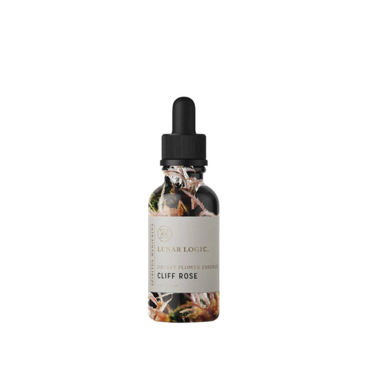 Bottle of Lunar Logic Cliff Rose floral essence on a white background