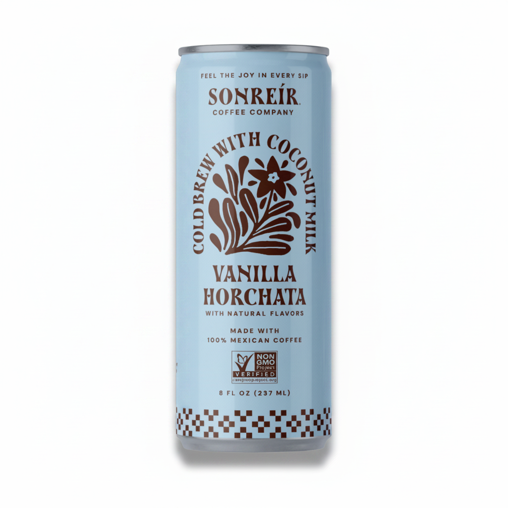 Can of Sonreir Coffee Company Vanilla Horchata with coconut milk on a white background