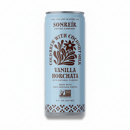 Can of Sonreir Coffee Company Vanilla Horchata with coconut milk on a white background