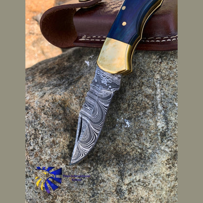 Blue Diamond Wood folding knife with Leather Sheath