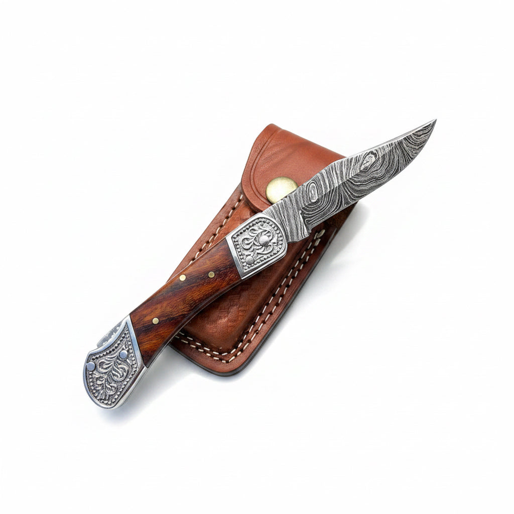 POCKET KNIFE WALNUT WOOD 6.5'' DAMASCUS STEEL KNIFE STEEL BO