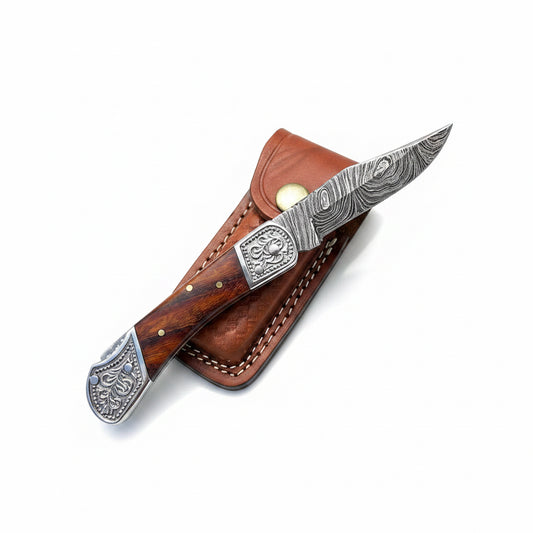 POCKET KNIFE WALNUT WOOD 6.5'' DAMASCUS STEEL KNIFE STEEL BO