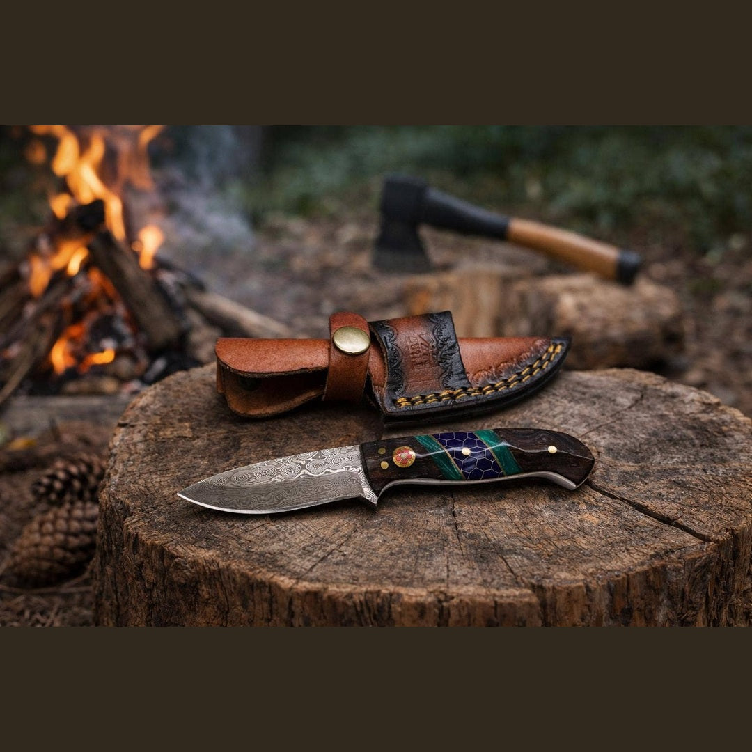Hand-Forged Damascus Steel Drop Point Outdoor Utility Tool | Dark Wood, Green Resin & Purple Honeycomb Handle TK-509