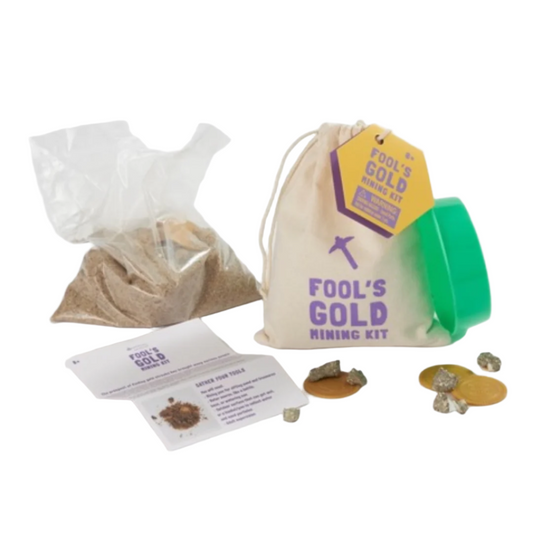 Fool's Gold Mining Kit with a drawstring bag, gold specimens, and instructions on a white background.