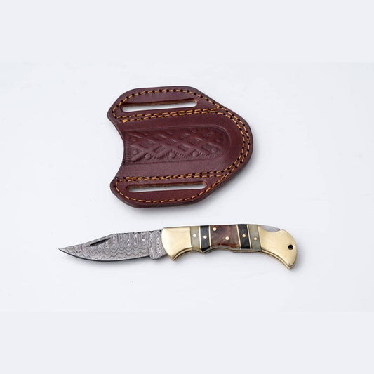Brass & Bone Damascus Folding Knife with Leather Sheath