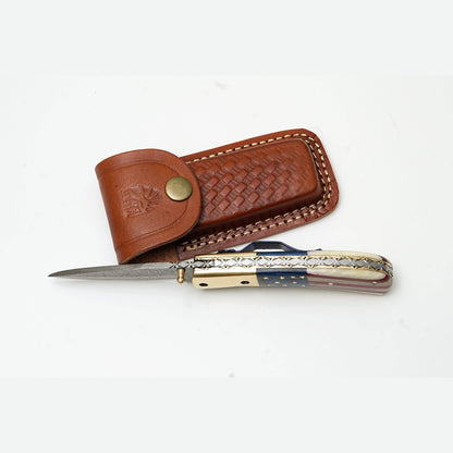 Patriotic American Flag Folding Knife | Hand-Forged Damascus Steel | Custom Blue Pocket Clip Edition TK-475