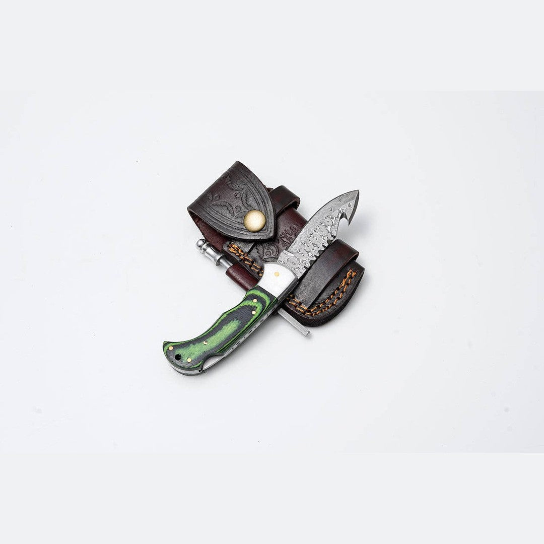 Green Micarta Damascus Gut Hook Hunting Knife
