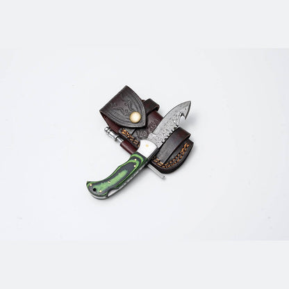 Green Micarta Damascus Gut Hook Hunting Knife