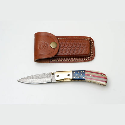 Patriotic American Flag Folding Knife | Hand-Forged Damascus Steel | Custom Blue Pocket Clip Edition TK-475